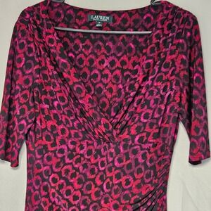 Lauren Ralph Lauren Sheath Dress Womens 10 Pink Abstract Ruched V-Neck Career